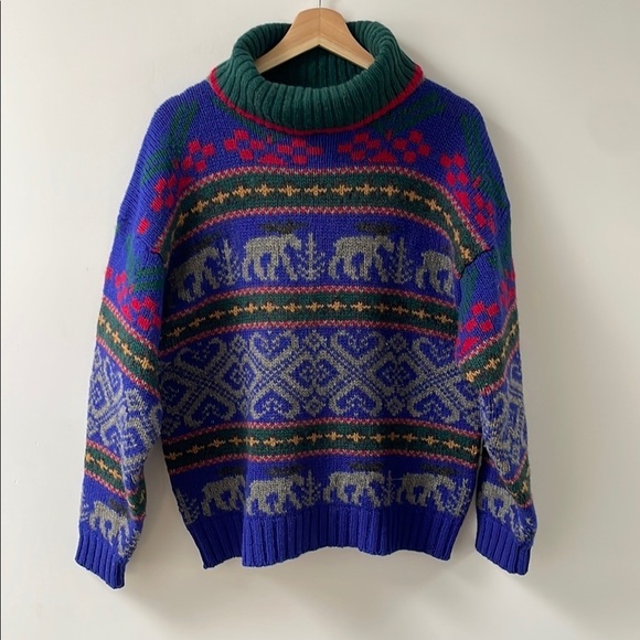 EDDIE BAUER Womens Sweater L Nordic Moose 100% Wool Turtleneck 1992 Vintage - Picture 2 of 8